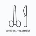 Surgical treatment flat line icon. Vector outline illustration of scalpel and forceps. Black thin linear pictogram for Royalty Free Stock Photo