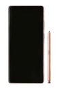 A black display of a mobile phone next to a lying stylus. Samsung Galaxy Note 20 smartphone bronze. Rear isolated. Royalty Free Stock Photo