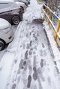 SURGUT, RUSSIA - OKTOBER 22, 2018: traces of boots on a snowy