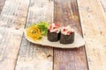 Surimi taco sushi gunkan tacos with japanese rice and salad Royalty Free Stock Photo