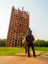 Surin, Thailand, April 15, 2022: Mahout riding on elephants at Elephant Tower, Ban Ta Klang, Surin Province, Thailand, Asia