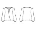 Surplice blouse technical fashion illustration with bouffant long sleeves, gathered hem, wide wrap scoop neck, oversized Royalty Free Stock Photo