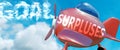 Surpluses helps achieve a goal - pictured as word Surpluses in clouds, to symbolize that Surpluses can help achieving goal in life Royalty Free Stock Photo