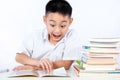 Surprise Asian Chinese Little Boy Wearing Student Uniform Reading Textbook