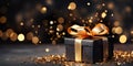 Surprise Black gift box on Gold shiny background, Generative AI