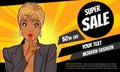 Surprise black woman with finger on lips and sale promotion poster