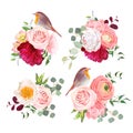 Surprise bouquets and cute robin birds vector design objects Royalty Free Stock Photo