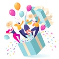 Joyful, flat characters people jump out of the gift box. Friends made a surprise. Royalty Free Stock Photo