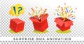 Surprise box animation vector illustration. Vector red box with coins, confetti and ribbons. Festive surprise box for ui, web,