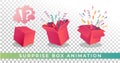 Surprise box animation vector illustration. Vector red box with confetti and ribbons. Festive surprise box for ui, web, print