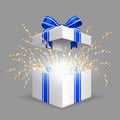 Surprise box. Opening gift box with blue silk ribbon bow. Vector Christmas, Birthday, anniversary present isolated on Royalty Free Stock Photo