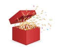 Surprise box. Opening gift box with confetti. Vector Christmas, Birthday, anniversary present isolated on white Royalty Free Stock Photo