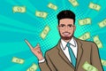 Surprise business man successful and shocking with Falling Money Pop art retro comic style Royalty Free Stock Photo
