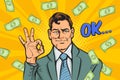 Surprise business man successful and shocking with Falling Money Pop art retro comic style