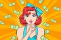 surprise business woman successful and shocking with Falling Money say WOW OMG Pop art retro comic