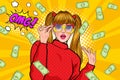 Surprise business woman successful and shocking with Falling Money say WOW OMG Pop art retro comic style Royalty Free Stock Photo