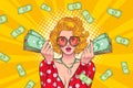 Surprise business woman successful and shocking with Falling Money say WOW OMG Pop art retro comic style Royalty Free Stock Photo