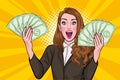 Surprise business woman successful and shocking with Falling Money say WOW OMG Pop art retro comic