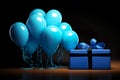 Surprise Dark Blue gift box, blue balloons on black background, gifts for Man, present male. Copy space