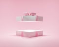Surprise gift box 3d pink background abstract with open present Christmas pastel ribbon for birthday party, new love Valentine`s Royalty Free Stock Photo