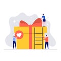 Surprise gift box vector illustration concept with characters. People packing present and decorating with ribbon. Modern flat