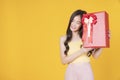 Surprise greeting anniversary birthday or celebration christmas and new year. Cheerful excited young woman holding red gift box Royalty Free Stock Photo