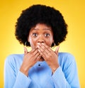 Surprise, hands on mouth and portrait of a woman in studio with news, shock and wow. Face of a black person on a yellow