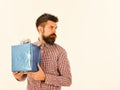 Surprise and holiday gift concept. Guy in plaid shirt Royalty Free Stock Photo