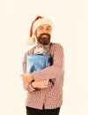 Surprise and holiday gift concept. Santa with wrapped blue gift Royalty Free Stock Photo