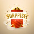 Surprise inside open red gift box. Birthday surprise and Christmas present concept.