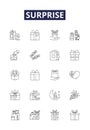 Surprise line vector icons and signs. Astonish, Amaze, Shock, Startle, Unforeseen, Stun, Marvel, Astound outline vector Royalty Free Stock Photo