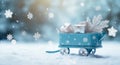 Unwrap the Magic: Festive Christmas Gifts in a Blue Wagon Surrounded by Snow
