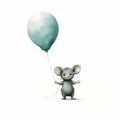 Delicate Watercolor Illustration Of Mouse Holding Blue Balloon