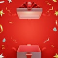 Surprise open gift box On red background during Christmas and New Year festival.