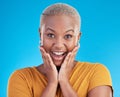 Surprise, portrait and excited black woman in studio for shocking news or deal offer on blue background. Wow reaction