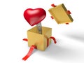 Surprise. The red heart jumps out of a golden gift box on a spring. Royalty Free Stock Photo