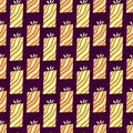 Surprise repeating pattern. Holiday pattern with giftboxes. Wrapping paper design in yellow and orange colors