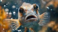 Surprise, shock, a very surprised fish bulged its eyes and blew bubbles, funny photo with animals