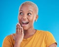 Surprise, thinking or excited black woman in studio for shocking news or deal offer on blue background. Wow reaction