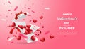 Surprise white gift box with red ribbon and Hearts balloon. Open gift box isolated. Party, Shopping poster. Valentine`s Day desig Royalty Free Stock Photo