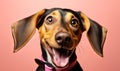 Surprised and adorable dog with big ears and a pink collar looking at the camera isolated on a pink background with a joyful and Royalty Free Stock Photo