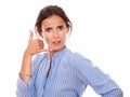 Surprised adult lady with call gesture Royalty Free Stock Photo