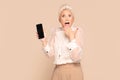 Surprised adult woman holding cellphone Royalty Free Stock Photo