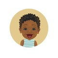 Surprised Afro American baby emoticon. Astonished African child smiley. Cute amazed dark-skinned toddler facial expression avatar