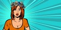 Surprised alarmed woman in a wreath of wild flowers Royalty Free Stock Photo