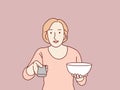 Surprised amazed woman hold remote tv hold bowl simple korean style illustration