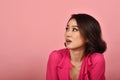 Surprised asian woman, Shouting girl on isolated pink background.