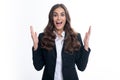 Surprised astonished young business woman in suit. Portrait of excited amazed gasping businesswoman. Expressive facial Royalty Free Stock Photo