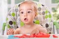 Surprised baby eating fruit - watermelon