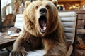 Surprised bear with astonished wide open eyes and stretched mouth exhibiting curiosity